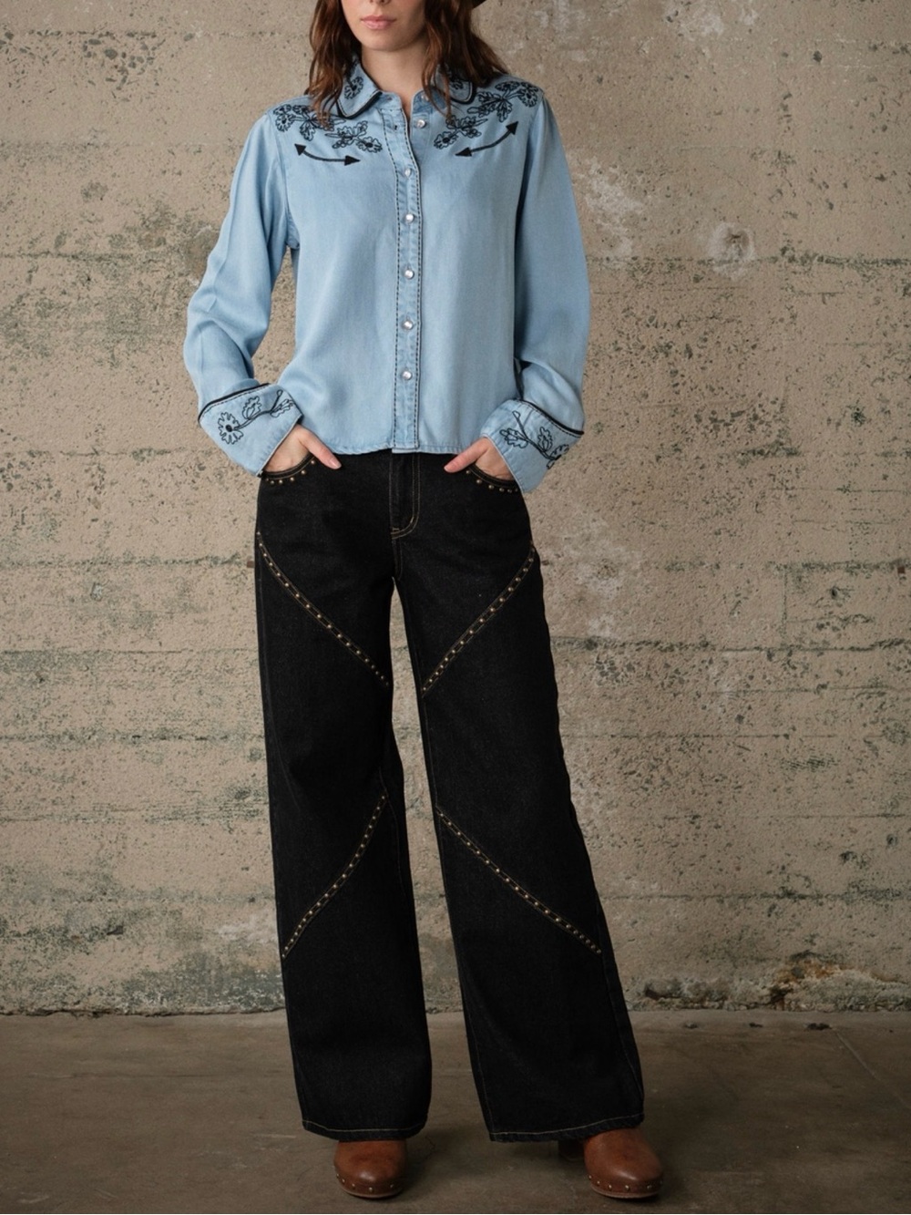 Western Wide Leg Black Jeans with Stud Detail - Women